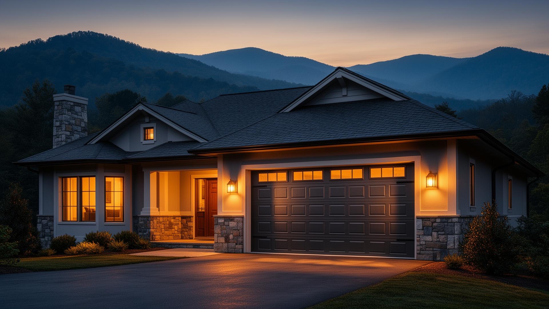 Professional garage door installation in Bryson City with mountain backdrop